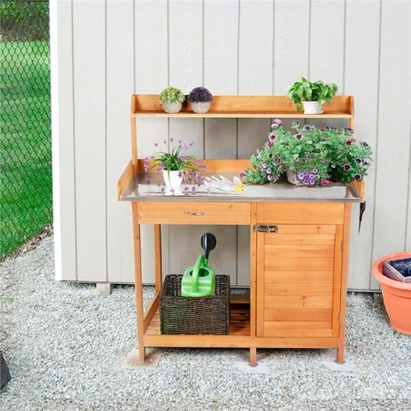 Easyfashion Outdoor Garden Potting Bench Metal Tabletop with Cabinet Drawer Open Shelf, Natural Wood - Image 2